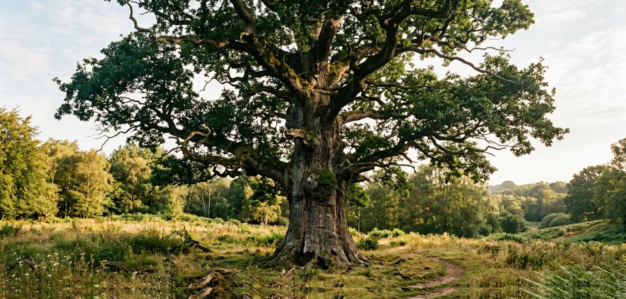 An ancient oak showing the hallmark features of genuinely great age — hollowing, deadwood, and deeply furrowed bark that only centuries of growth can produce.