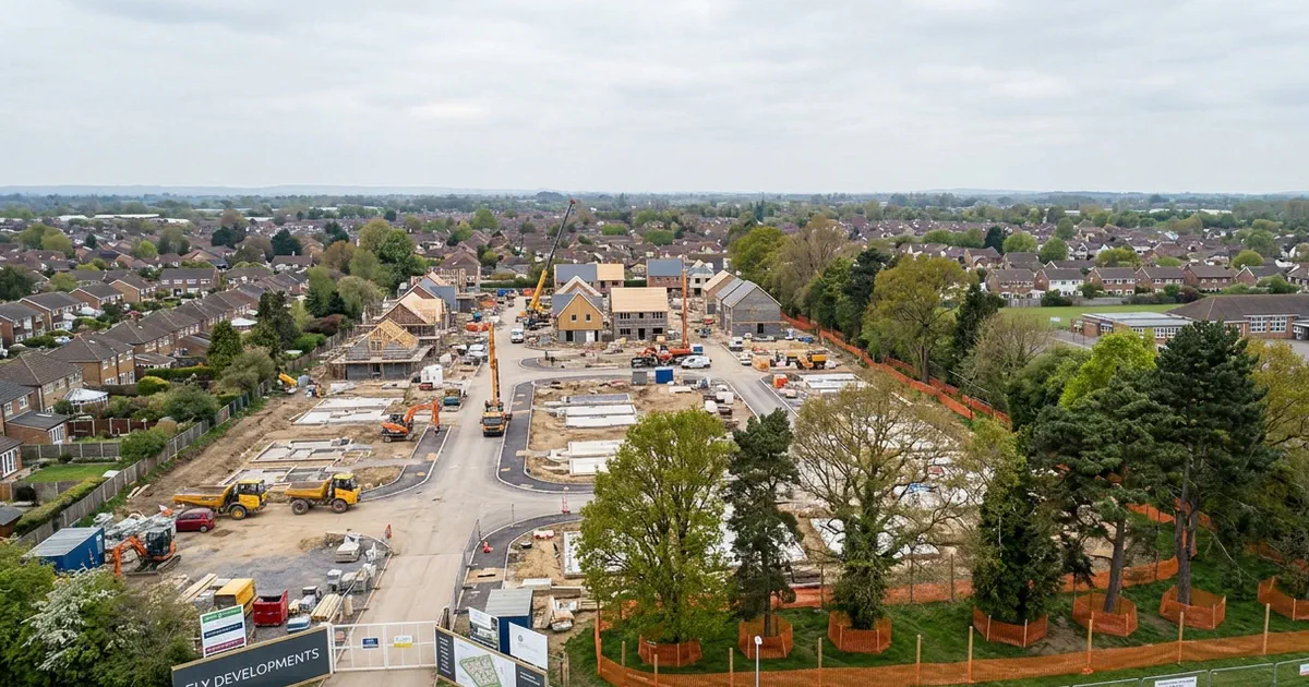 Aerial view of a UK housing development with tree protection fencing around retained mature trees on site