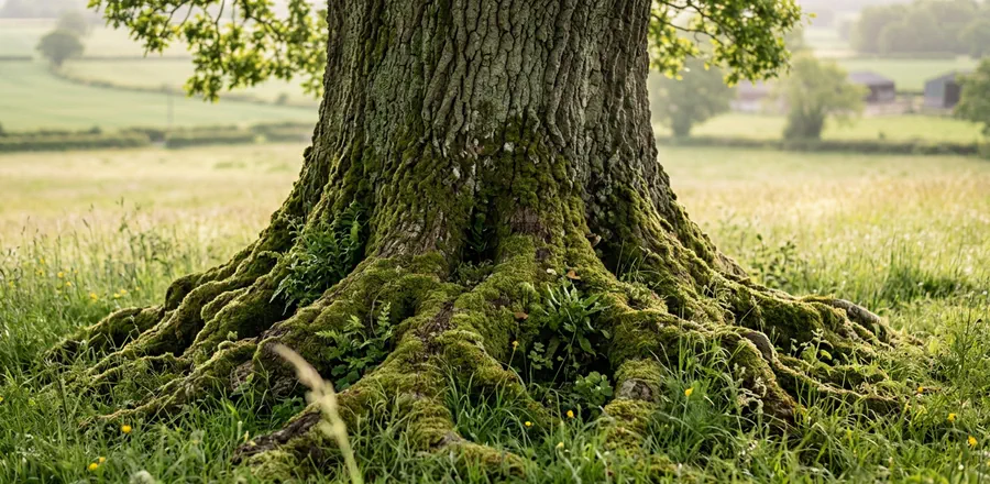 The root flare of a mature tree at ground level — root protection areas under the revised BS 5837 will reflect soil conditions and how far roots actually extend.