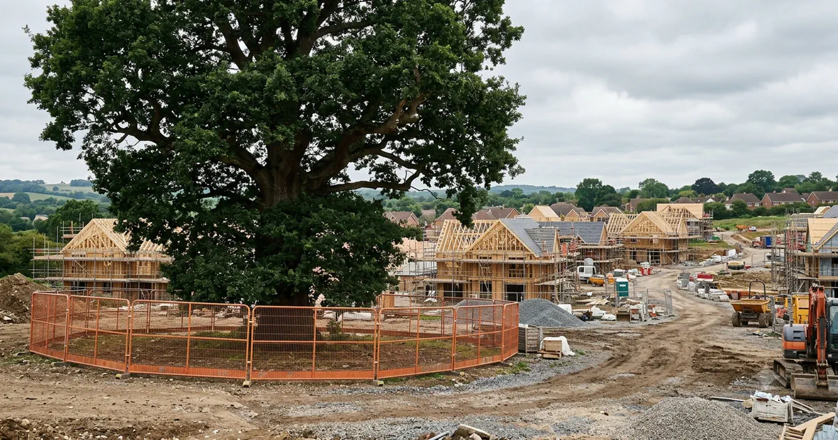 Retained tree protected by fencing on a UK housing development site — tree protection measures required for BS5837 planning validation