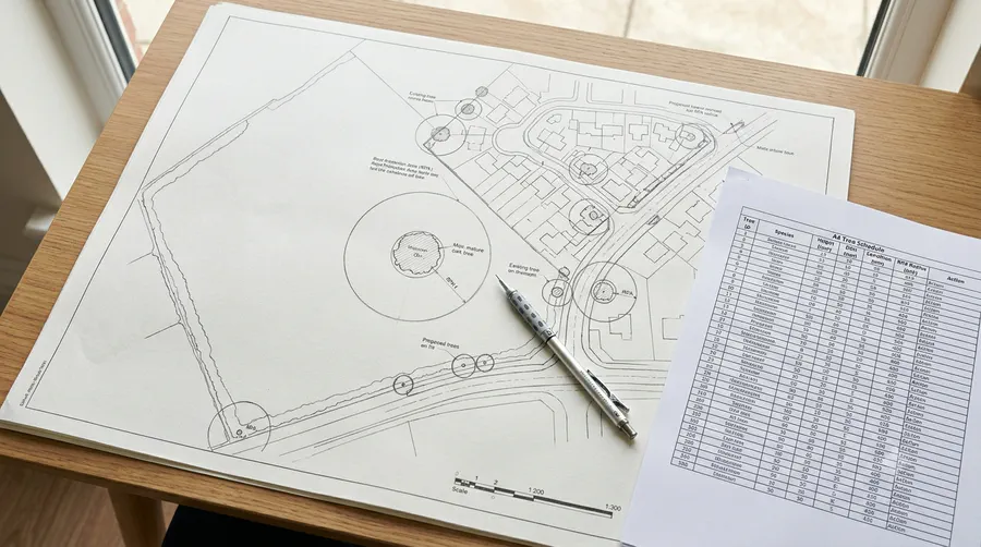 BS5837 tree survey plan showing root protection areas and tree schedule — the drawings and data LPAs check at validation.