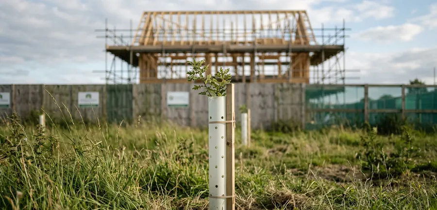 A tree sapling in a grow tube in the foreground, with a new-build house frame under scaffolding behind