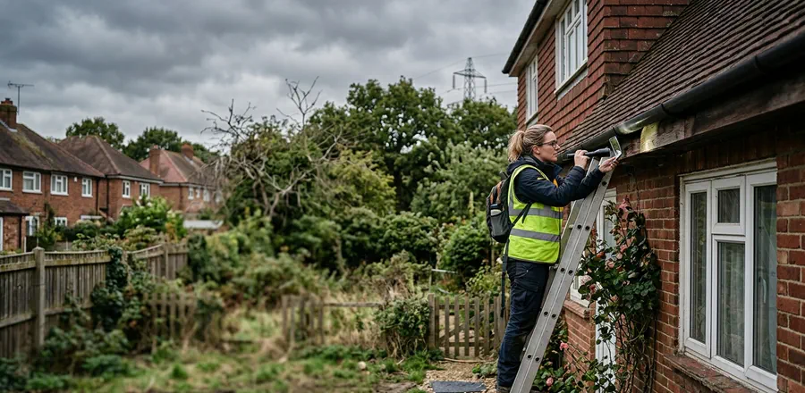 Ecologist inspecting roof eaves and fascia on a UK house during a preliminary roost assessment for bat roosting features.
