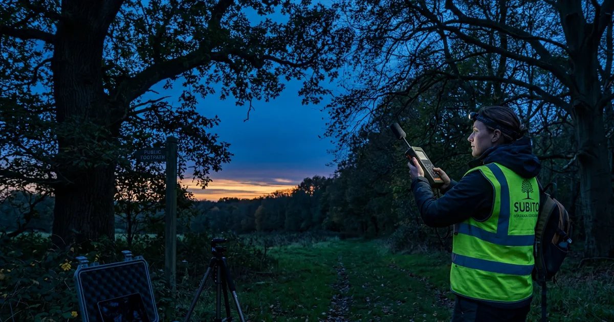 Subito ecologist using a bat detector during a dusk emergence survey at a wooded UK site