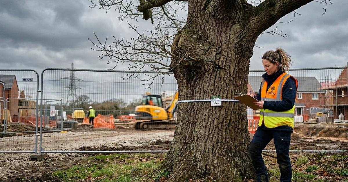 Arboricultural consultant carrying out a BS5837 tree survey on a UK construction site